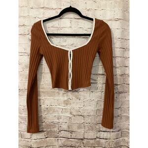 Lelis Collection Top Womens XS Cropped Rust Brown Ribbed Cutout Front Stretch